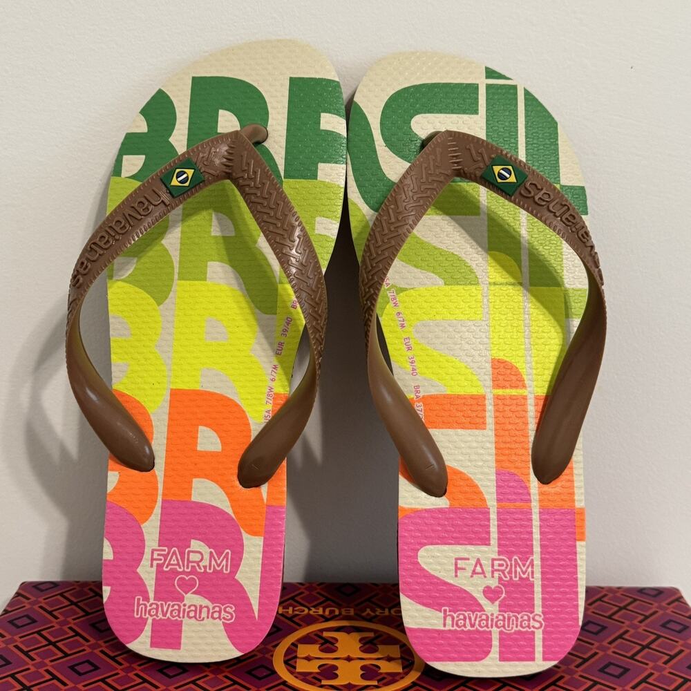 Havaianas x FARM Rio Brasil Colab Flip Flops Womens 7/8 White Beige Sandals